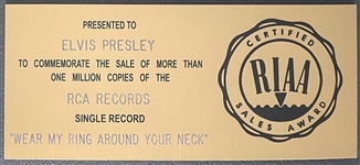 RIAA Gold Record Award for Elvis Presley's 1958 Single “Wear My Ring Around Your Neck” - “Presented to Elvis Presley” Certified in 1983