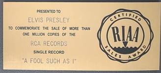 RIAA Gold Record Award for Elvis Presley's 1959 Single “A Fool Such As I” - “Presented to Elvis Presley” Certified in 1983