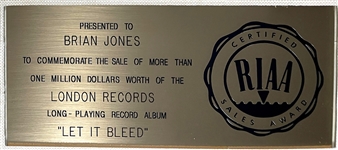 RIAA Gold Record Award for The Rolling Stones 1969 LP <em>Let It Bleed</em> - Certified in 1969 – Early White Linen Matte Style
