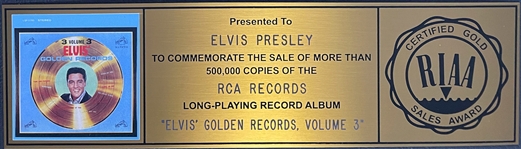 RiAA Gold Record Award for Elvis Presley's 1963 LP <em>Elvis' Golden Records Vol. 3</em> 