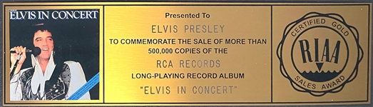 RIAA Gold Record Award for Elvis Presley's 1977 LP <em>Elvis in Concert</em> - Certified in 1977