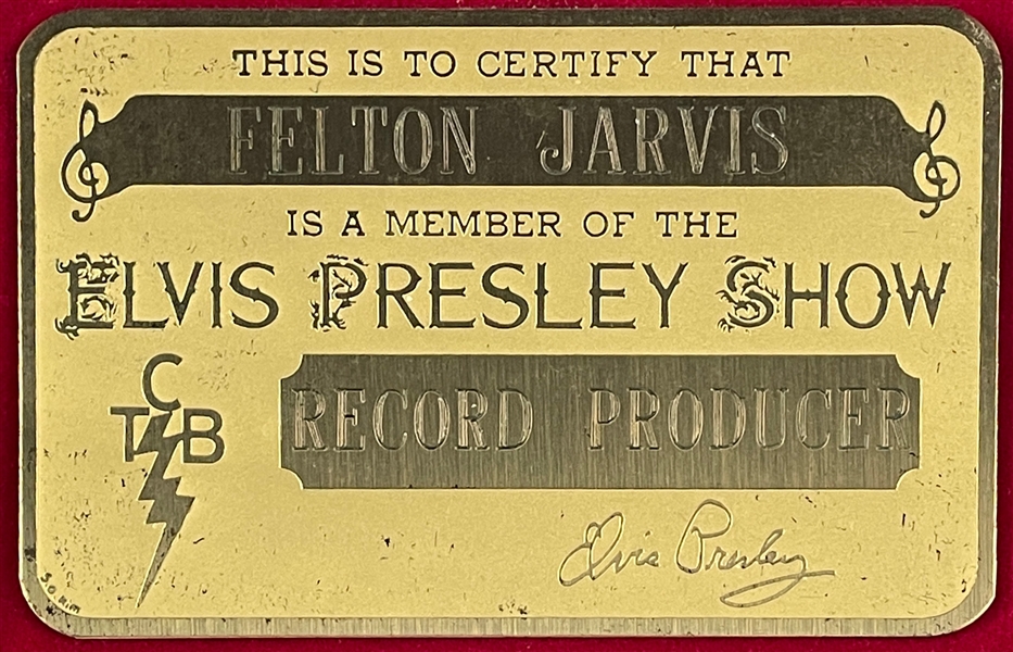 Felton Jarvis’ “ELVIS PRESLEY SHOW” Gold Metal ID Card Used on Tour - Elvis Presley’s “RECORD PRODUCER” - with Graceland Authenticated LOA