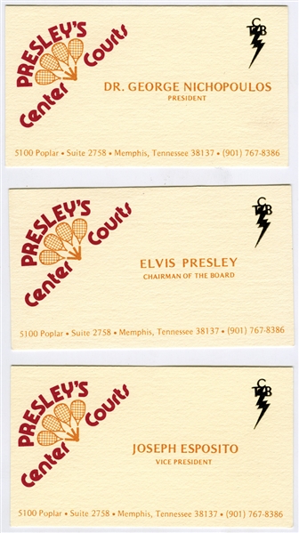 "Presleys Center Courts" Business Cards for Elvis Presley, Joe Esposito and Dr. Nick - with Letter from Elaine Nichopoulous and Graceland Authenticated LOA