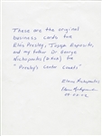 Presley's Center Courts Business Cards for Elvis Presley, Joe Esposito and Dr. Nick - with Letter from Elaine Nichopoulous and Graceland Authenticated LOA