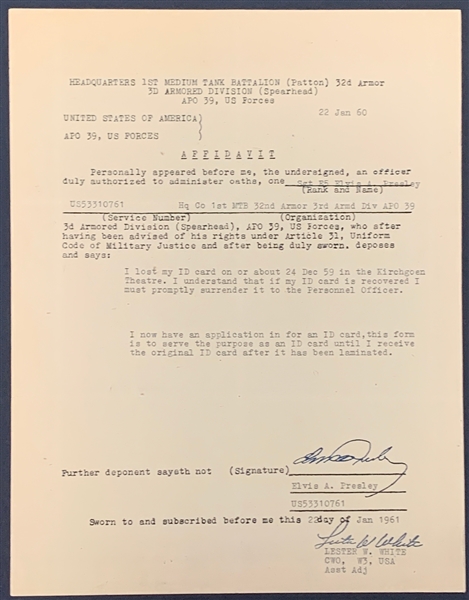 Elvis Presley Signed January 22, 1960, U.S. Army Document