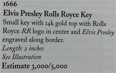 Elvis Presley Owned 14K Gold Rolls Royce Key with “ELVIS PRESLEY” Engraved on the Face – Former Jimmy Velvet Collection