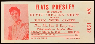 1957 Elvis Presley Pictorial FULL TICKET for his September 27, 1957 Concert in Tupelo, Miss. - with Original Ticket Envelope