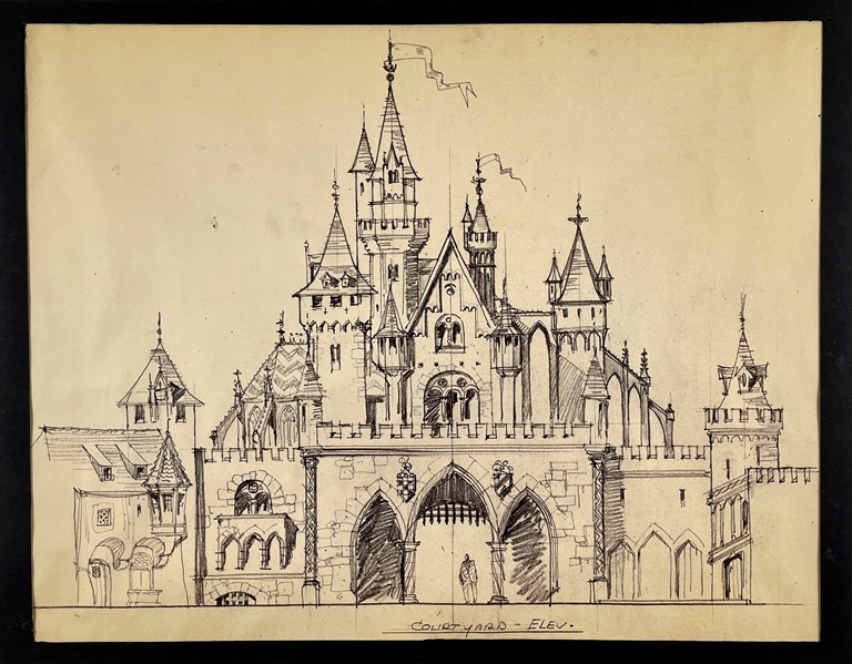 1950s Disneyland Architectural Photostat of Original Concept Art "Sleeping Beauty Castle Courtyard"-By Disney Imagineer Herb Ryman