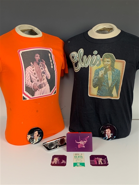 Elvis Presley Concert Photos (3) and Ticket Stub from December 31, 1975, in Pontiac, Michigan, Plus Binoculars, Two Souvenir Pins and Two T-Shirts