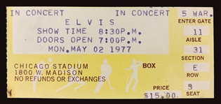 Ticket Stub for Elvis Presley Concert at The Chicago Stadium on May 2, 1977, Plus Concert T-Shirt, Photo and Two Vintage Stadium Postcards (5 Items)