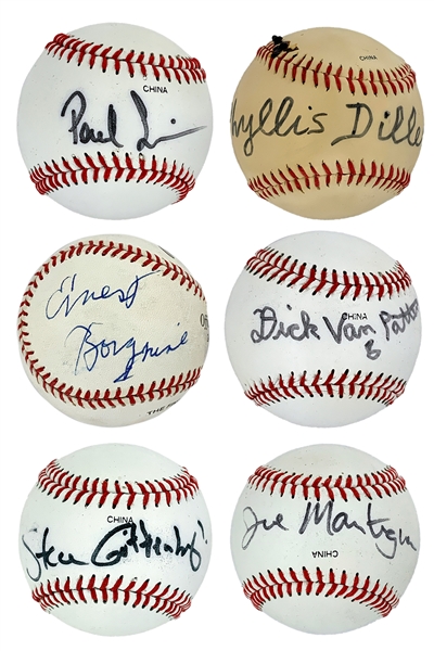Hollywood, TV and Recording Stars Signed Baseballs Collection of 13 with Ernest Borgnine (BAS), Joe Mantegna, Ray Bradbury, Ken Howard, Phyllis Diller and Others