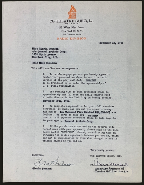 Gloria Swanson Signed Contract for 1950 Radio Play <em>Theatre</em> (BAS)