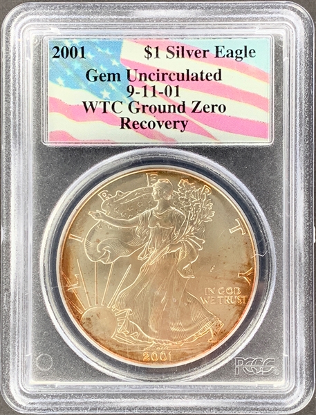 2001 $1 Silver Eagle PCGS Gem Uncirculated World Trade Center Ground Zero Recovery