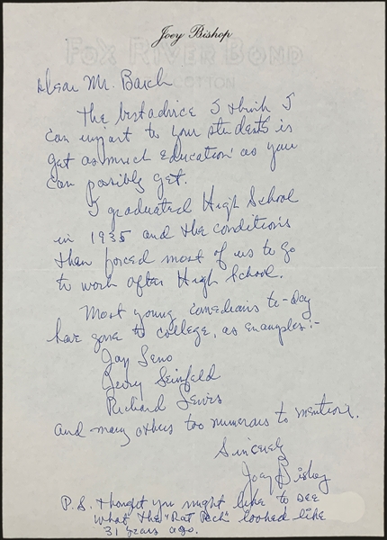 Joey Bishop Handwritten Signed Letter with Advice to Young Comedians Plus Performance Contract for <em>The Joey Bishop Show</em> (BAS)