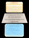 Ray Bolger Collection with Signed “Dramatists Guild” ID Card, Signed “Walt Disney World” ID Card and Award Plate (BAS)