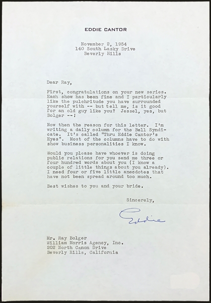 Eddie Cantor Signed Pieces Incl. 1954 Signed Letter to Ray Bolger Referencing Jessel & "pulchritude"! (3 Pieces) (BAS)