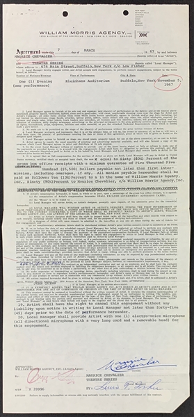 Maurice Chevalier Signed 1967 William Morris Agency Agreement Guaranteeing $5,000 to Perform (But He Must Pay $25 to Sell Souvenirs!) (BAS)