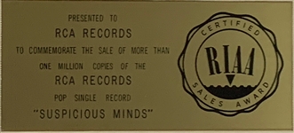 RIAA Gold Record Award for Elvis Presley's 1969 Single “Suspicious Minds” - “Presented to RCA” - Certified in 1969 - Early White Linen Matte Style