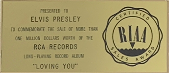 RIAA Gold Record Award for Elvis Presley's 1957 Soundtrack LP <em> Loving You</em> - Certified in 1968 - Early White Linen Matte Style
