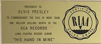 RIAA Gold Record Award for Elvis Presley's 1960 LP <em> His Hand in Mine</em> - Certified in 1969 - Early White Linen Matte Style