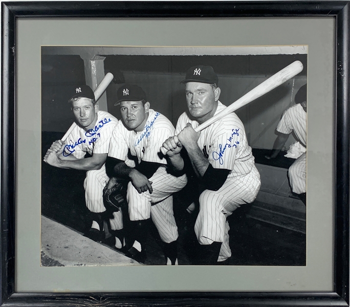 Mickey Mantle "No. 7", Allie Reynolds "22" and Johnny Mize "36" Signed 16 x 20 Inch Photo in Framed Display (BAS)