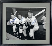 Mickey Mantle No. 7, Allie Reynolds 22 and Johnny Mize 36 Signed 16 x 20 Inch Photo in Framed Display (BAS)