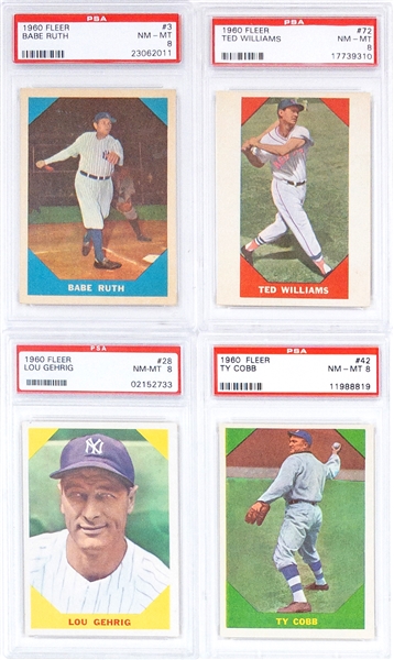 1960 Fleer Complete Set (79) with 16 PSA NM-MT 8s – Including Babe Ruth, Ted Williams, Lou Gehrig, and Ty Cobb