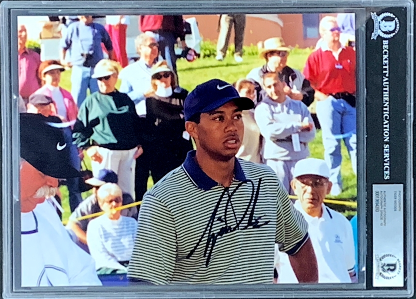 Tiger Woods Signed 8 x 10 Photo – Striped Shirt (BAS Encapsulated GEM MINT 10)