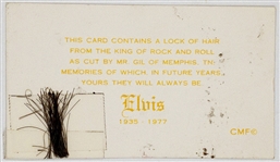 A Lock of Elvis Presleys Hair from His Hairdresser Homer “Gill” Gilleland on His Trademark Card