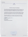 1955 Earliest Known Elvis Presley Press Release from both Colonel Parker, Hank Snow and Bob Neal