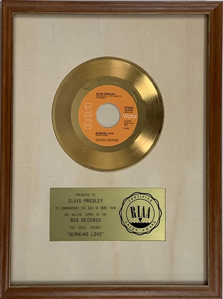 RIAA Gold Record Award for Elvis Presleys 1972 Single “Burning Love” - Certified in 1972 – Early White Linen Matte Style