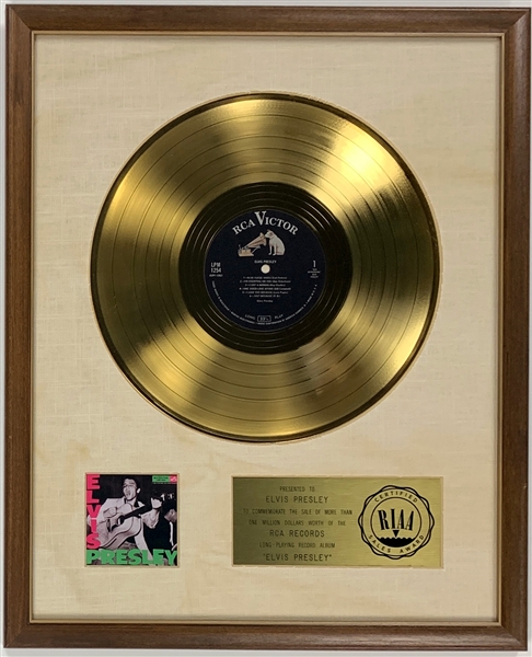 RIAA Gold Record Award for Elvis Presleys 1956 Debut Album <em>Elvis Presley</em> - Certified in 1966 – His First Album!! Early White Linen Matte Style