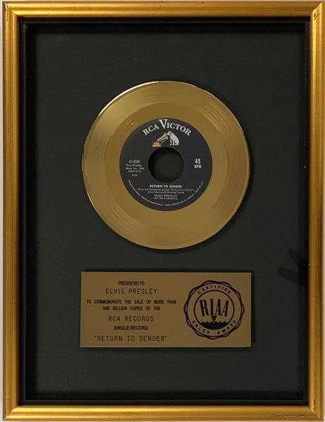 RIAA Gold Record Award for Elvis Presleys 1962 Single “Return to Sender” - “Presented to Elvis Presley” Certified in 1983