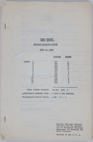 1958 <em>King Creole</em> Paramount Pictures File Copy “Release Dialogue Script” - Elvis Presleys Finest Film