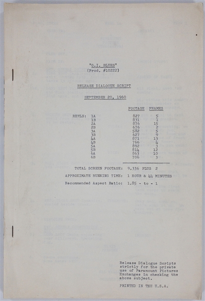 1960 <em>G.I. Blues</em> Paramount Pictures File Copy “Release Dialogue Script” - Starring Elvis Presley