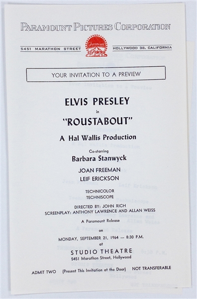 1964 <em>Roustabout</em> Preview Invitations (2 Different) Plus Original Paramount File Documents Concerning the Previews