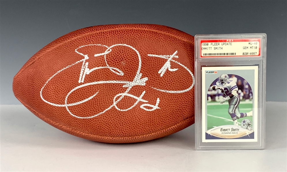 Emmitt Smith Signed Football and 1990 Fleer Update #U-40 Emmitt Smith PSA GEM MINT 10