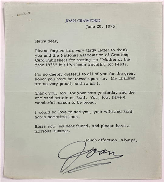 Joan Crawford Signed Letter Referencing Her “Mother of the Year” Award (BAS)