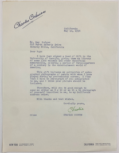 Golden Age Actor Charles Coburn (<em>Gentleman Prefer Blondes</em>) Signed Letter to Ray Bolger Requesting a Signed Photo for His Collection (BAS)