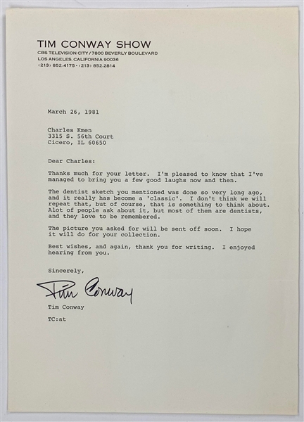 Tim Conway Signed Letter on <em>Tim Conway Show</em> Letterhead (BAS)