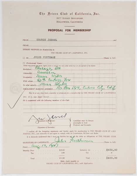 George Jessel Signed “Friars Club” Application for Screenwriter Jules Furthman (<em>The Big Sleep</em>, <em>Mutiny on the Bounty</em>) (BAS)