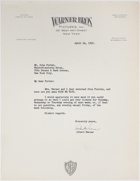 Cole Porter Correspondence Archive (13 Pieces) with Signed Letters from Emanuel Sacks and Albert Warner (One of the “Warner Bros.”) (BAS)