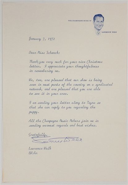 Lawrence Welk Signed Letter on His Pictorial Letterhead Concerning Puppy - "The Champagne Music of Lawrence Welk" (BAS)