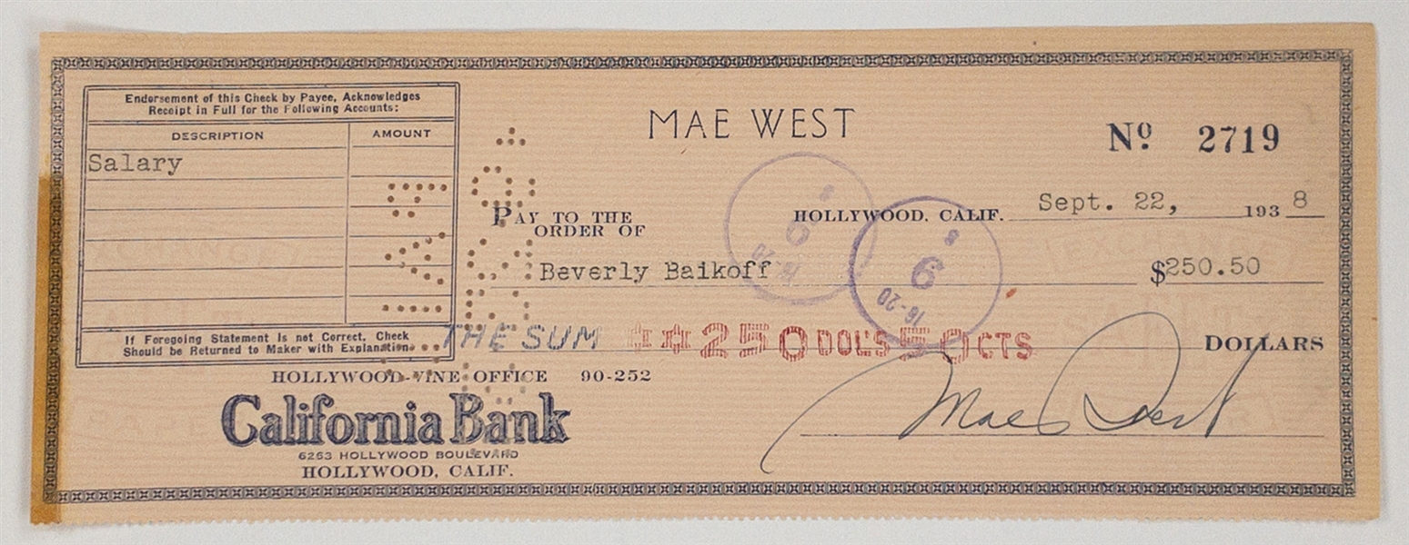 Mae West Signed Check - “Come up and see me sometime!” Written to her Sister (BAS)