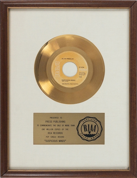 RIAA Gold Record Award for Elvis Presleys 1969 Single “Suspicious Minds” - “Presented to Press Publishing” - Certified in 1969 - Early White Linen Matte Style