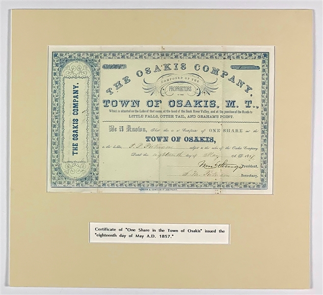 1857 Stock Certificate for “The Osakis Company” - for the Town of Osakis, Minnesota