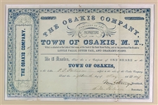 1857 Stock Certificate for “The Osakis Company” - for the Town of Osakis, Minnesota