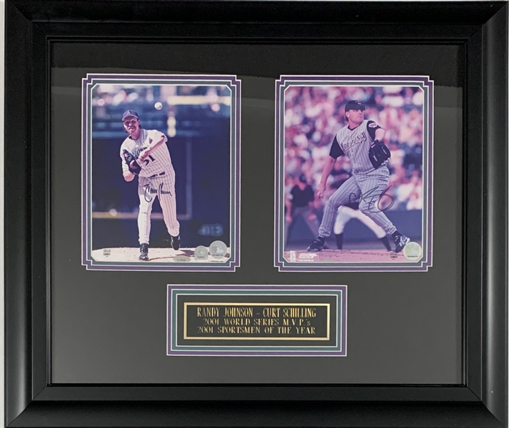 Randy Johnson and Curt Schilling Signed 8 x 10s – in Framed Display  - 2001 WS MVP and 2001 Sportsman of the Year