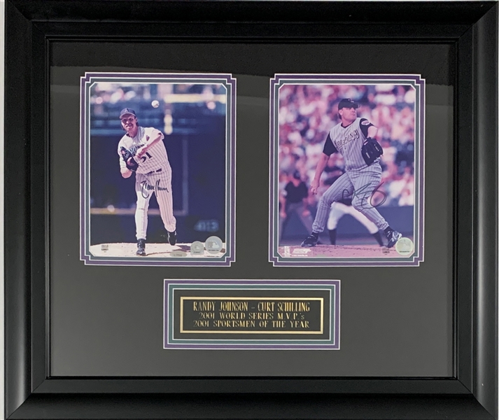 Randy Johnson and Curt Schilling Signed 8 x 10s – in Framed Display  - 2001 WS MVP and 2001 Sportsman of the Year