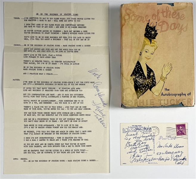 Sophie Tucker Signed Autobiography (<em>Some of these Days</em>, Signed Postcard and Signed Lyrics to “Be in the Business of Staying Young” (BAS)